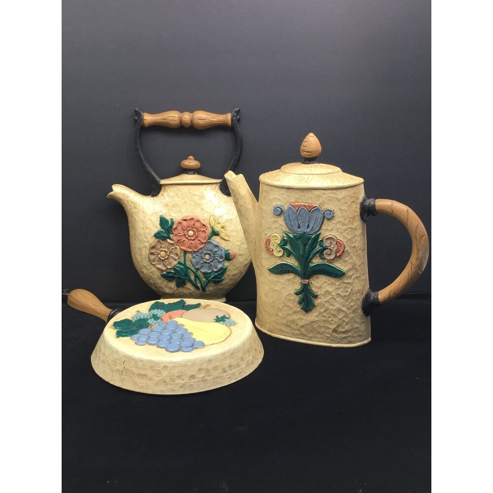 Vintage Home Interiors Kitchen Wall Decor Coffee Pot Kettle Skillet - Set of 3